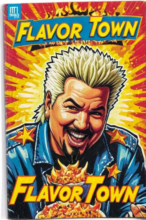 <lora:Wiz-VintageComicBookCover_v01:1> vintage comic book cover with illustration of Guy Fieri, (title says "FLAVOR TOWN" text logo:1.35)
<lora:Harrlogos_v1.1:1>