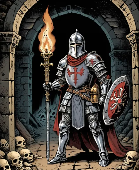best quality, masterpiece, ultra detailed, a noble knight exploring ancient catacombs, carrying a torch, dark fantasy, medieval, eerie, vintage comic book <lora:wizards_vintage_comics-Undergroundf16:0.8>