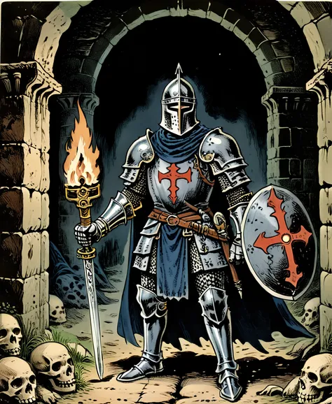 best quality, masterpiece, ultra detailed, a noble knight exploring ancient catacombs, carrying a torch, dark fantasy, medieval, eerie, sword and sorcery, vintage comic book  <lora:wizards_vintage_comics-Undergroundf16:0.8>