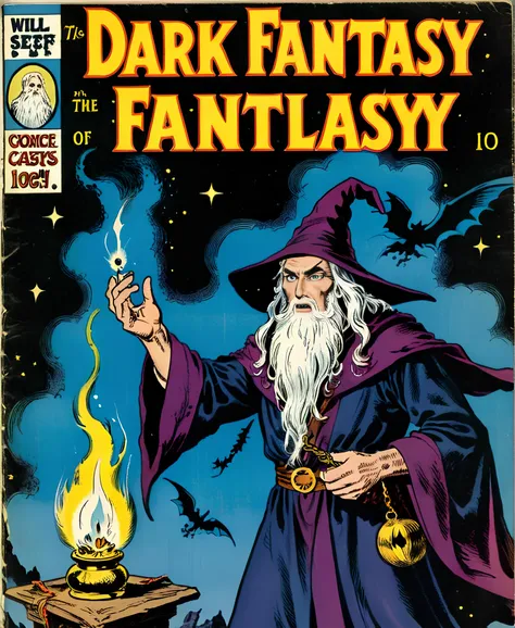 a vintage comic book with the title text: "Dark Fantasy", illustration of a powerful wizard casting a spell <lora:wizards_vintage_comics-Undergroundf16:0.6>