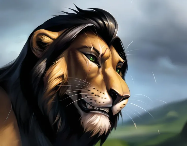 photography, nature, scarlion, lion, green eyes, scar over eye, scary, teeth,whiskers, feline, best quality, photorealistic, green atmosphere, cloudy, hyperrealistic, ultradetailed, detailed background, photo background, digital drawing (artwork), [[by kenket|by totesfleisch8], by thebigslick:by silverfox5213:0.8], [by syuro, by paloma-paloma::0.2], depth of field, green sky, intimidating, evil character
 <lora:scar:0.78>