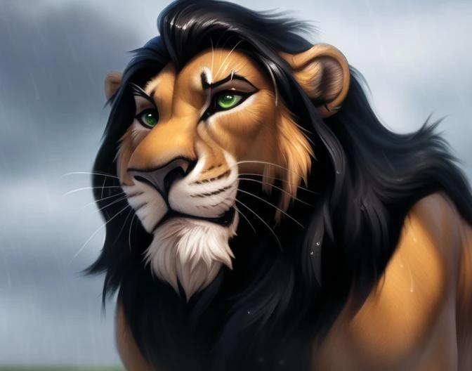 scarlion, lion, green eyes, whiskers, feline, best quality, photorealistic, raining, cloydy, hyperrealistic, ultradetailed, detailed background, photo background, digital drawing (artwork), [[by kenket|by totesfleisch8], by thebigslick:by silverfox5213:0.8], [by syuro, by paloma-paloma::0.2], depth of field, grey sky, intimidating, 
 <lora:scar:0.78>