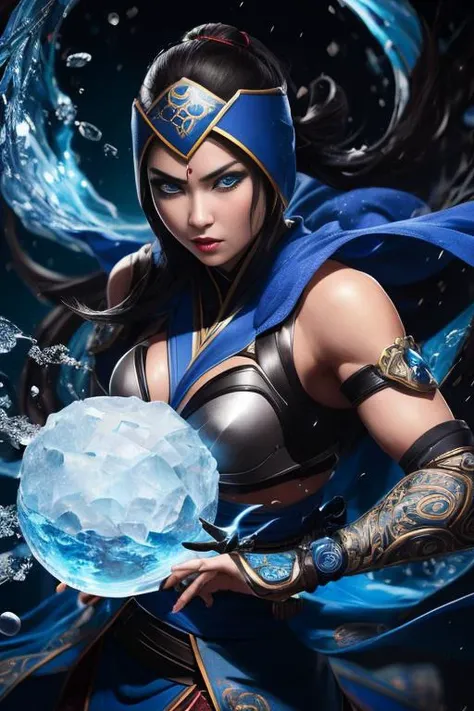 1girl, portrait of female cute mksubzero battle with group of ninja, glowing blue eyes, ice, blue, cold, energy, aura, swirl water, ornate, detail, <lora:ARWmksubzero:1>