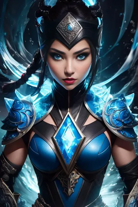 1girl, portrait of female cute mksubzero battle with group of ninja, glowing blue eyes, ice, blue, cold, energy, aura, swirl water, ornate, detail, <lora:ARWmksubzero:1>