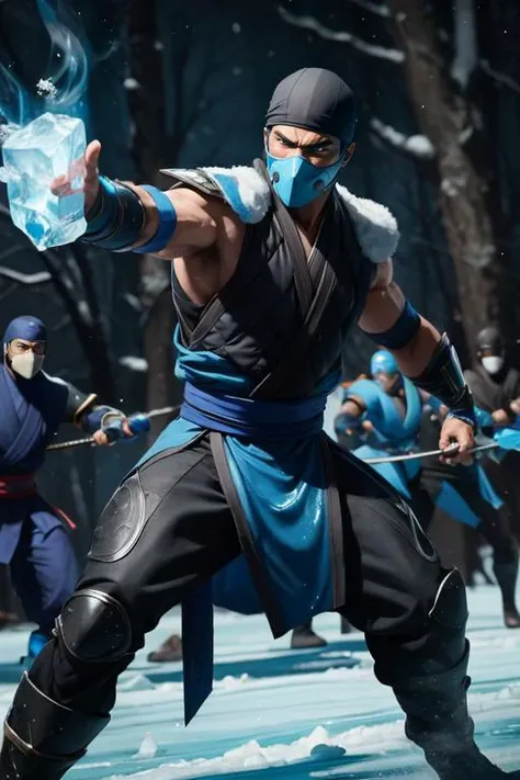 1man, mksubzero battle with group of ninja, ice, blue, cold, energy, aura, swirl water, <lora:ARWmksubzero:1>