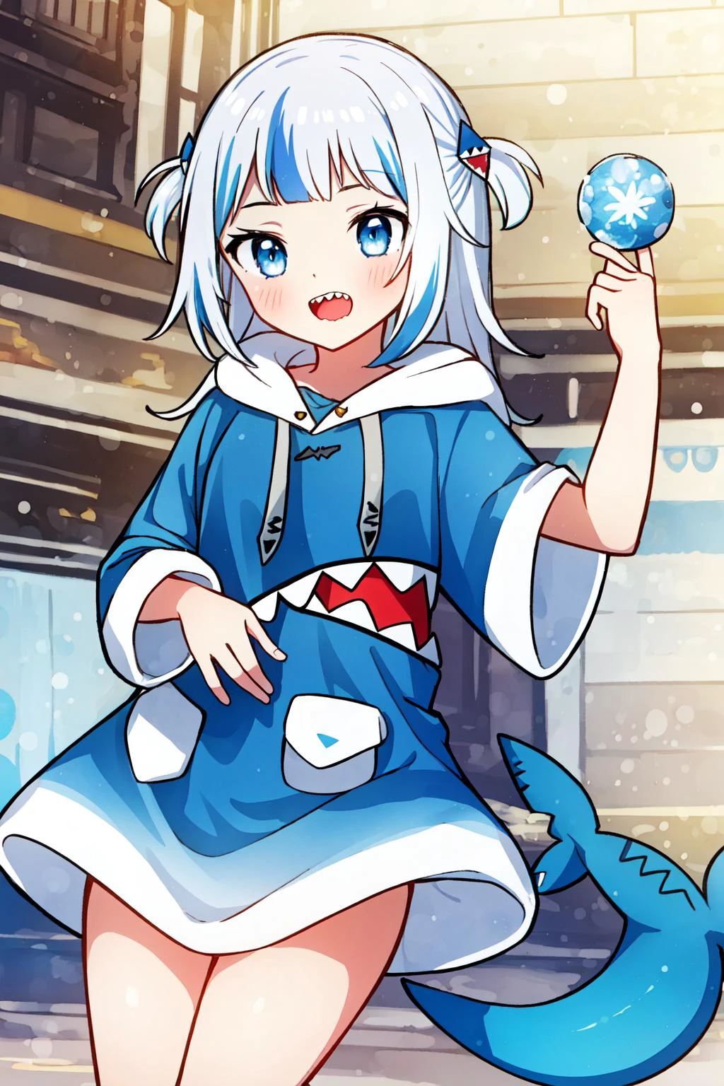 (masterpiece, best quality), intricate details
<lora:gawrGuraHololive_v2:0.8> gawr gura, shark girl, shark tail, shark print, blue hoodie, sharp teeth, animal hood, shark hair ornament,
<lora:Gomzi:0.8>