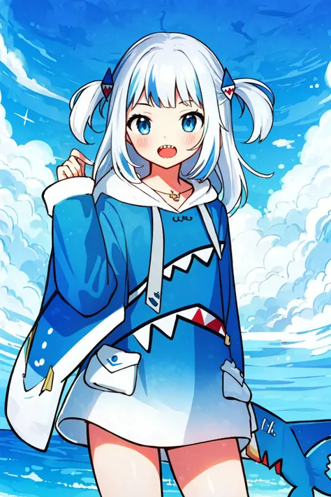(masterpiece, best quality), intricate details
<lora:gawrGuraHololive_v2:0.8> gawr gura, shark girl, shark tail, shark print, blue hoodie, sharp teeth, animal hood, shark hair ornament,
<lora:Gomzi:0.8>