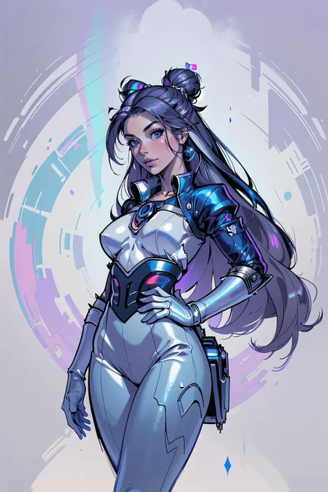 (masterpiece, best_quality, ultra-detailed, immaculate:1.3), epic, illustration, welcoming, 1girl, pirate, iridescent ultraviolet hair with blue-grey highlights, antenna hair,hair bun, abstract background, (full body:0.5), [:outlandish costume design:0.2]<lyco:EnvyFantasyMix01:0.8>