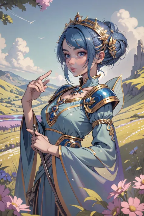 (masterpiece, best_quality, ultra-detailed, immaculate:1.3), epic, illustration, welcoming, 1girl, ranger, muted blue hair, hair rings,pixie cut, in a surreal meadow with rolling hills, (full body:0), [:revealing costume design:0.2]<lyco:EnvyFantasyMix01:0.8>