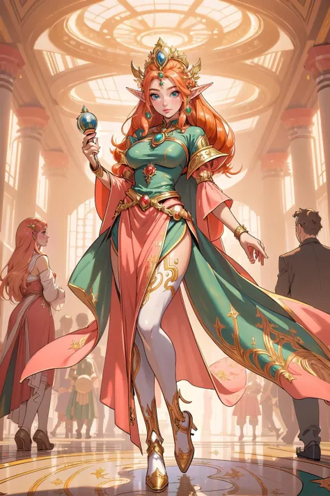 (masterpiece, best_quality, ultra-detailed, immaculate:1.3), epic, illustration, welcoming, 1girl, sorceress, elf, peach hair, hair rings, in a crowded, verdant ballroom, (full body:1.3), [:outlandish costume design:0.2]<lyco:EnvyFantasyMix01:0.8>
