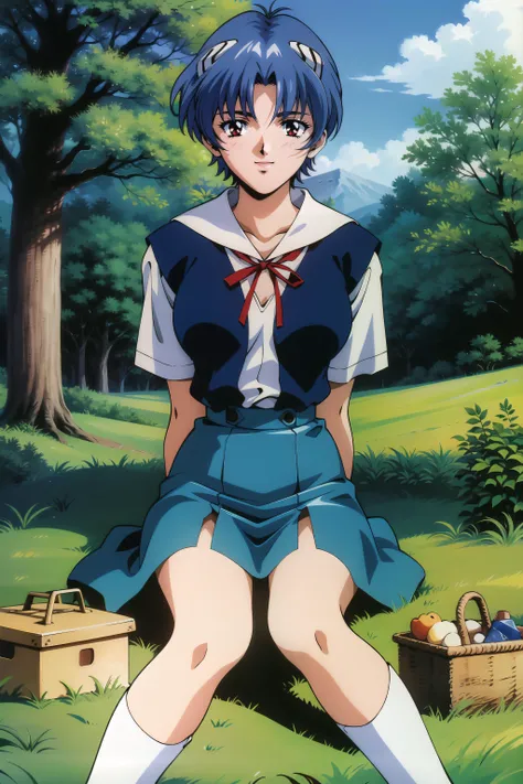 masterpiece, best quality, striking visuals, detailed background, 1girl, solo, large breasts, adult woman, ayanamirei, blue hair, short hair, red eyes, tokyo-3_middle_school_uniform, red ribbon, school_uniform, picnic, sitting down, (full body,) park, grass, trees, wind, daylight, smile, <lora:AyanamiReiV6-000010:0.565>, RinSinWW, looking at viewer, (hands behind back), <lora:RinSinWW-02:0.8>