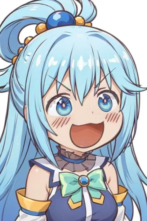 masterpiece,best quality,1girl,solo,chibi,laughing,aaaqua,long hair,blue hair,hair rings,hair ornament,choker,bare shoulders,green bow,blue shirt,detached sleeves,smirk,upper body,<lora:Concept-control tool-add_detail-CyberAIchemist:0.3>,<lora:chibi-laugh:0.9>,<lora:CHAR-Konosuba-Aqua-v1-h_madoka:0.7>,