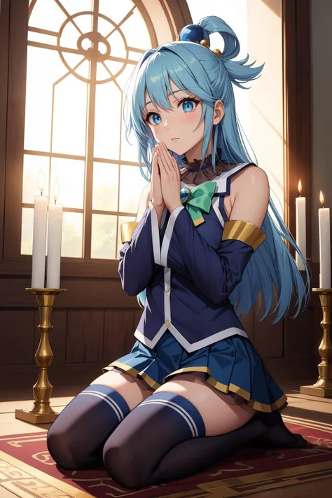 masterpiece, best quality, highres, absurdres, ultra detailed, pretty eyes,
aaaqua, long hair, blue hair, hair rings, hair ornament,choker, bare shoulders, green bow, blue shirt, detached sleeves, blue skirt, thighhighs, both_eyes_closed
praying, seiza, in_temple, candles, alter, light_rays, windows
<lora:aqua_(konosuba)_v1:0.7>