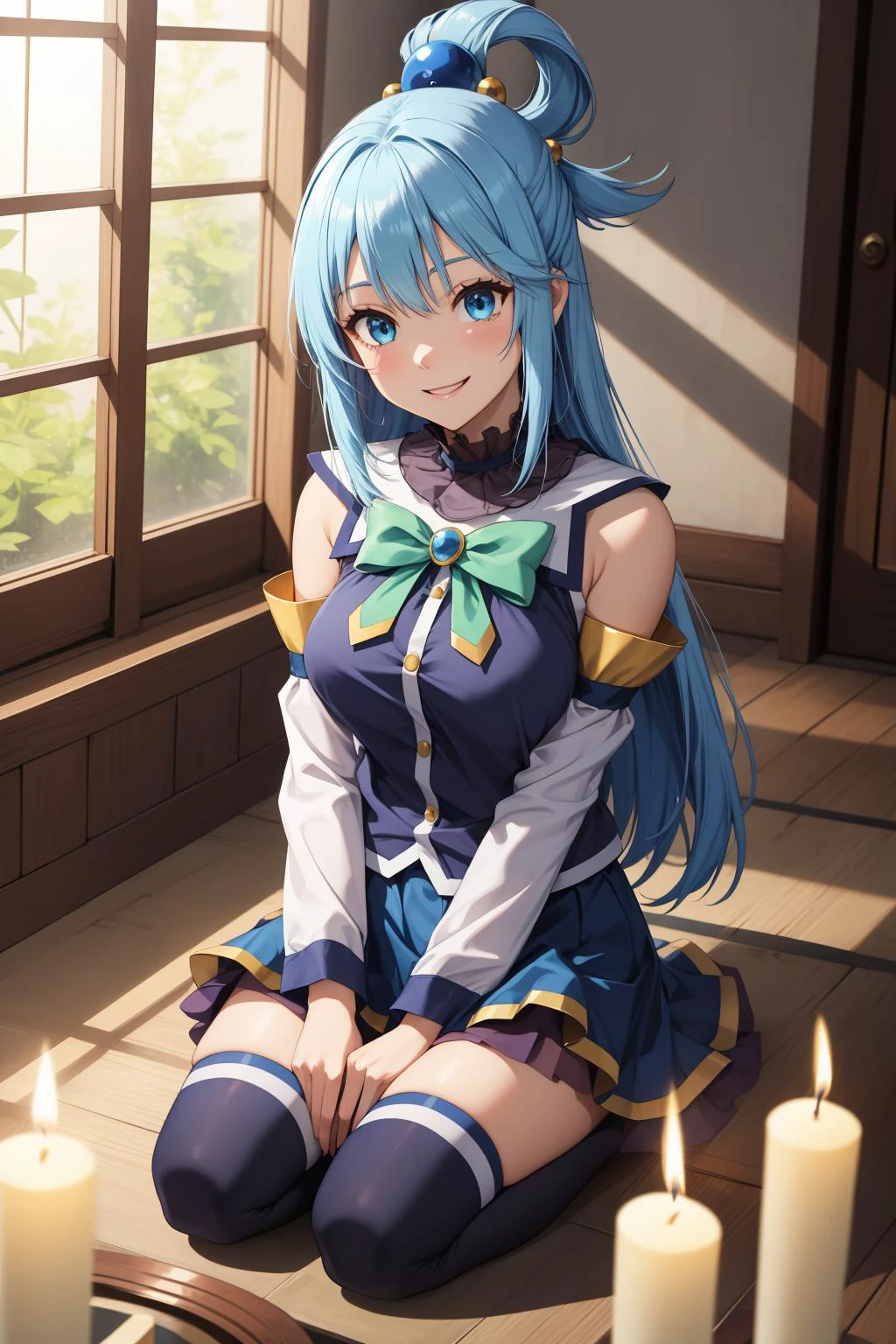 masterpiece, best quality, highres, absurdres, ultra detailed, pretty eyes,
aaaqua, long hair, blue hair, hair rings, hair ornament,choker, bare shoulders, green bow, blue shirt, detached sleeves, blue skirt, thighhighs, happy, smiling,
seiza, in_temple, candles, alter, light_rays, windows
<lora:aqua_(konosuba)_v1:0.7>