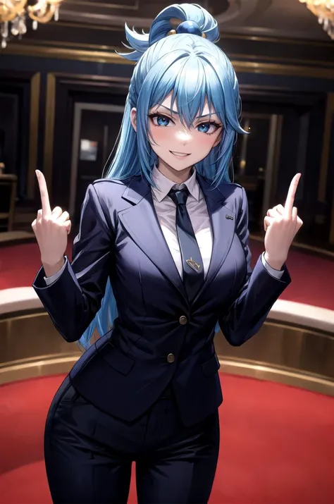 (masterpiece, best quality, detailed), 1girl, solo, looking at viewer, aaaqua, long hair, blue hair, hair rings, hair ornament,
pant suit, suit, formal, black suit, black pants, necktie, white shirt, sunglasses, indoors, casino, chandelier, roulette, <lora:midfinger-wasabiya:1>, middle finger, evil smile, smirk, smile, parted lips, shaded face