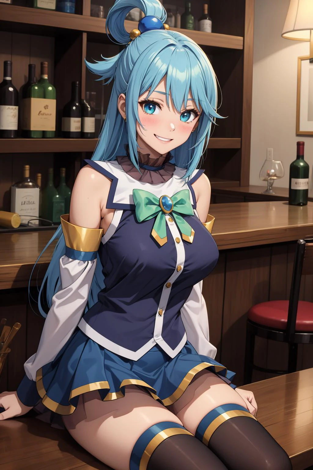 masterpiece, best quality, highres, absurdres, ultra detailed, pretty eyes,
aaaqua, long hair, blue hair, hair rings, hair ornament,choker, bare shoulders, green bow, blue shirt, detached sleeves, blue skirt, thighhighs, drunk, intoxicated, blushing, hazy, grinning
sitting_on_stall, bar, glass_red_wine
<lora:aqua_(konosuba)_v1:0.7>