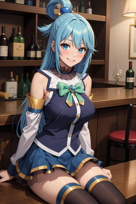 masterpiece, best quality, highres, absurdres, ultra detailed, pretty eyes,
 aaaqua, long hair, blue hair, hair rings, hair ornament,choker, bare shoulders, green bow, blue shirt, detached sleeves, blue skirt, thighhighs, drunk, intoxicated, blushing, hazy, grinning
sitting_on_stall, bar, glass_red_wine
 <lora:aqua_(konosuba)_v1:0.7>