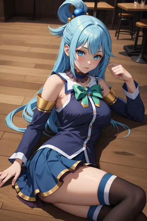 masterpiece, best quality, highres, absurdres, ultra detailed, pretty eyes,
 aaaqua, long hair, blue hair, hair rings, hair ornament,choker, bare shoulders, green bow, blue shirt, detached sleeves, blue skirt, thighhighs,
lying_on_bar
 <lora:aqua_(konosuba)_v1:0.7>