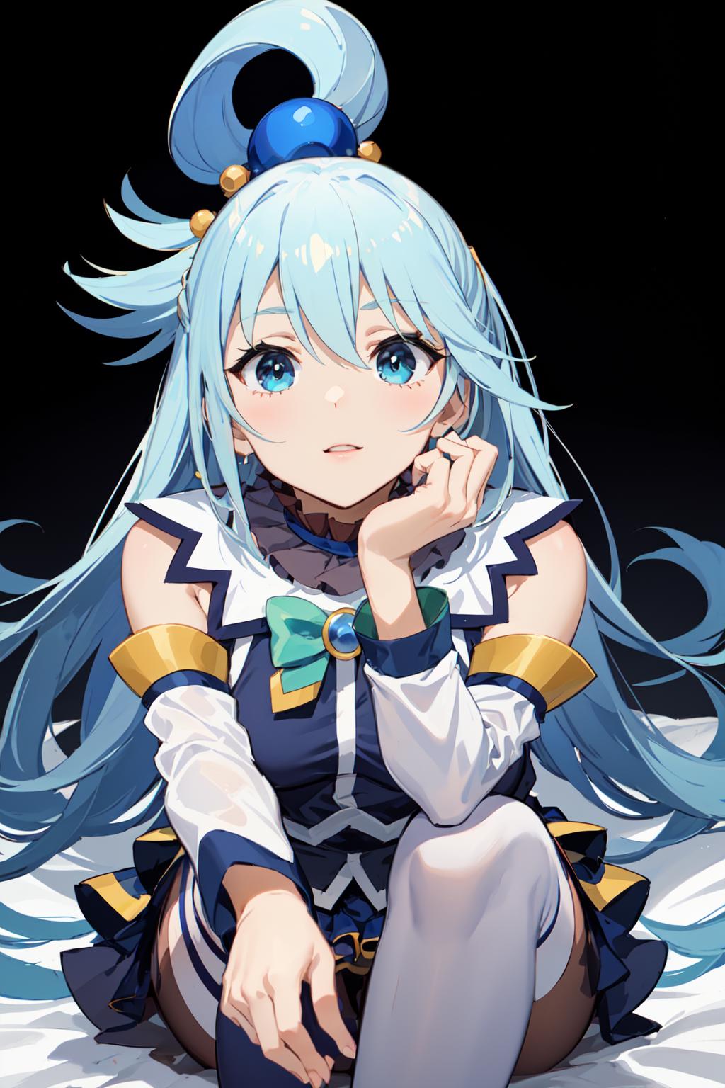 A close up of a person sitting on a bed with a blue hair - SeaArt AI