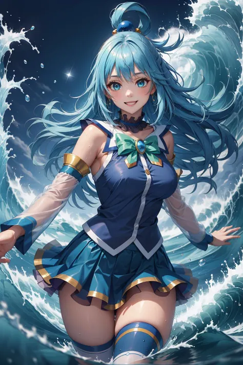 masterpiece, best quality, highres, absurdres, ultra detailed, pretty eyes,
 aaaqua, long hair, blue hair, hair rings, hair ornament, choker, bare shoulders, green bow, blue shirt, detached sleeves, blue skirt, thighhighs, happy, smiling
water,waves,filled with water energy 
 <lora:aqua_(konosuba)_v1:0.7> <lora:shui2 å æ°´ç¥:0.8>