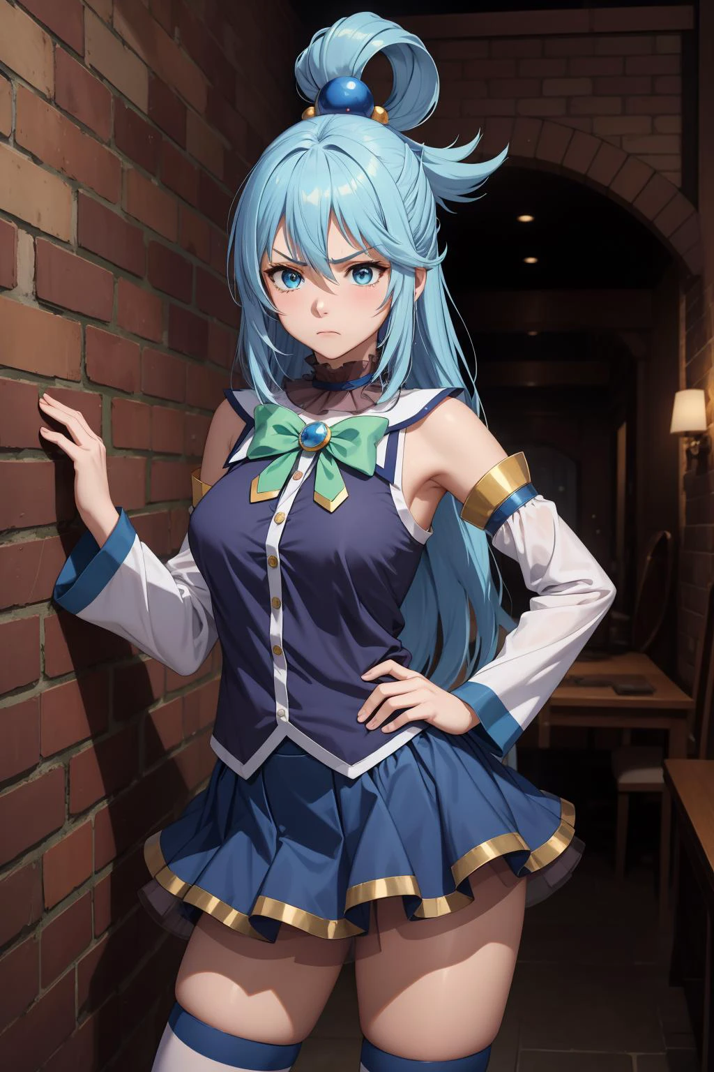masterpiece, best quality, highres, absurdres, ultra detailed, pretty eyes,
aaaqua, long hair, blue hair, hair rings, hair ornament,choker, bare shoulders, green bow, blue shirt, detached sleeves, blue skirt, thighhighs, annoyed, disappointed
standing, hand on waist
<lora:aqua_(konosuba)_v1:0.7>