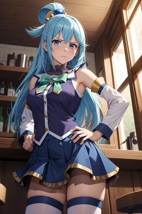 masterpiece, best quality, highres, absurdres, ultra detailed, pretty eyes,
 aaaqua, long hair, blue hair, hair rings, hair ornament,choker, bare shoulders, green bow, blue shirt, detached sleeves, blue skirt, thighhighs, annoyed, disappointed
standing, hand on waist, bar, indoor (from_below:1.2)
 <lora:aqua_(konosuba)_v1:0.7>