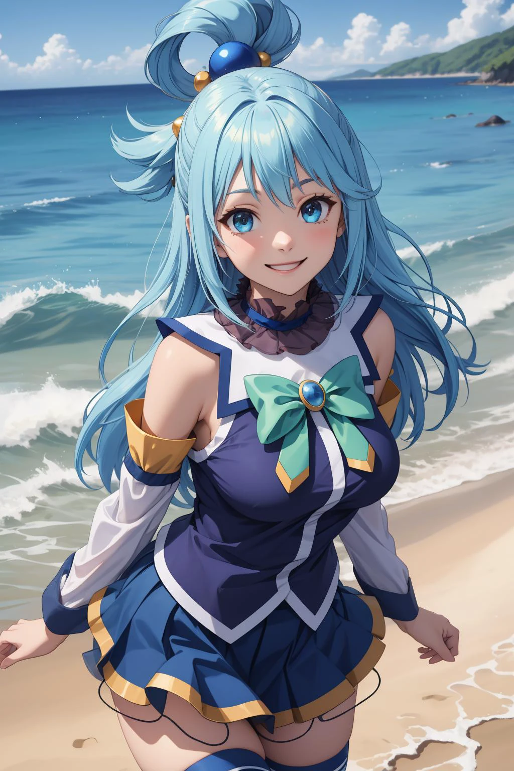 masterpiece, best quality, highres, absurdres, ultra detailed, pretty eyes,
aaaqua, long hair, blue hair, hair rings, hair ornament, choker, bare shoulders, green bow, blue shirt, detached sleeves, blue skirt, thighhighs, happy, smiling
water,waves, beach, blue_skies, sunny
<lora:aqua_(konosuba)_v1:0.7>