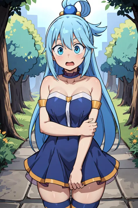 aaaqua, 1girl, wide-eyed, surprised, long hair, blue hair, hair rings, hair ornament, choker, bare shoulders, collarbone, blue dress, sleeveless, strapless, thighhighs, solo, looking at viewer, long hair, hair ornaments, beautiful eyes, ultra sharp, dynamic lighting, outdoors, forest <lora:Aqua:0.7> <lora:Concept_Expression_Surprised:0.7>