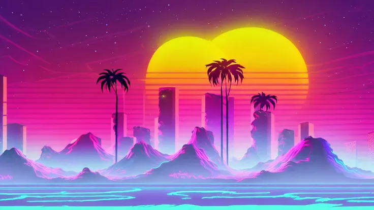 (synthwave:1.2),(neon sun) scanlines,wireframe,mountains,palm tree,vectorized,(retrowave),(vaporwave),purple blue pink black,dark background,(highres),best quality,high quality,(masterpiece),intricate detail,[[raytracing]] <lora:retrowave_0.12:0.7>, neonskiesai,