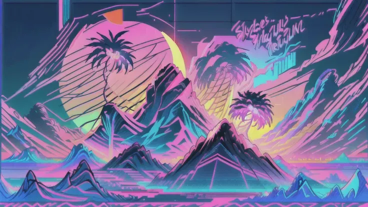 (synthwave:1.2),(neon sun) scanlines,wireframe,mountains,palm tree,vectorized,(retrowave),(vaporwave),purple blue pink orange,dark background,(highres),best quality,high quality,(masterpiece),intricate detail,[[raytracing]] <lora:retrowave_0.12:1>,
