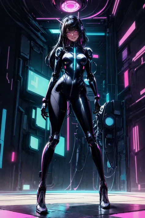 (masterpiece, best quality, detailed, flat colors, neon), (mystery), cyberpunk, (glitch), epic, dated, (solo:1.2), full body, (doll), bodysuit, (mecha), robot parts, cybernetic legs, grinning, sly, legs apart, striking a pose, indoors, retrowave, <lora:retrowave_0.12:0.6>