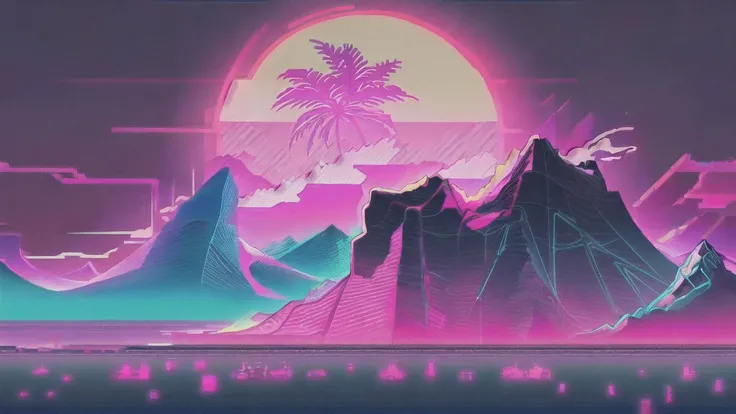 (synthwave:1.2),(neon sun) scanlines,wireframe,mountains,palm tree,vectorized,(retrowave),(vaporwave),purple blue pink black,dark background,(highres),best quality,high quality,(masterpiece),intricate detail,[[raytracing]] <lora:retrowave_0.12:1>,