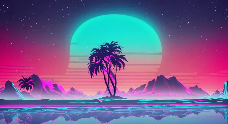 (synthwave:1.2),(neon sun) scanlines,wireframe,mountains,palm tree,vectorized,(retrowave),(vaporwave),purple blue pink black,dark background,(highres),best quality,high quality,(masterpiece),intricate detail,[[raytracing]] <lora:retrowave_0.12:0.7>, neonskiesai,