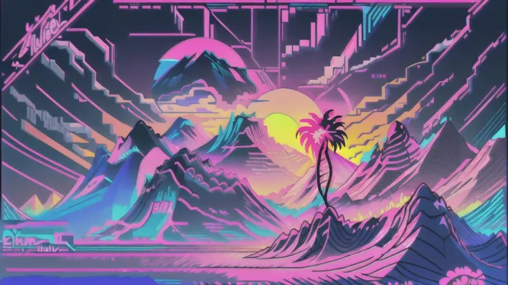 (synthwave:1.2),(neon sun) scanlines,wireframe,mountains,palm tree,vectorized,(retrowave),(vaporwave),purple blue pink black,dark background,(highres),best quality,high quality,(masterpiece),intricate detail,[[raytracing]] <lora:retrowave_0.12:1>,