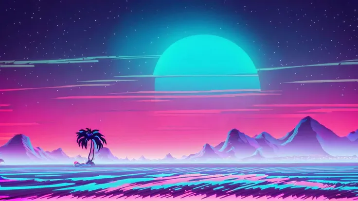 (synthwave:1.2),(neon sun) scanlines,wireframe,mountains,palm tree,vectorized,(retrowave),(vaporwave),purple blue pink black,dark background,(highres),best quality,high quality,(masterpiece),intricate detail,[[raytracing]] <lora:retrowave_0.12:0.7>, neonskiesai,