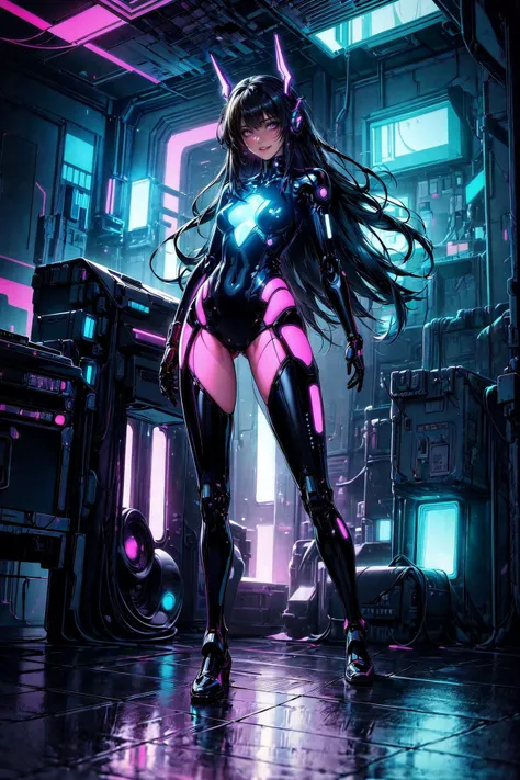 (masterpiece, best quality, detailed, flat colors, neon), (mystery), cyberpunk, (glitch), epic, dated, (solo:1.2), full body, (doll), bodysuit, (mecha), robot parts, cybernetic legs, grinning, sly, legs apart, striking a pose, indoors, retrowave, <lora:retrowave_0.12:0.6>