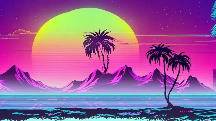 (synthwave:1.2),(neon sun) scanlines,wireframe,mountains,palm tree,vectorized,(retrowave),(vaporwave),purple blue pink black,dark background,(highres),best quality,high quality,(masterpiece),intricate detail,[[raytracing]] <lora:retrowave_0.12:0.7>, neonskiesai,