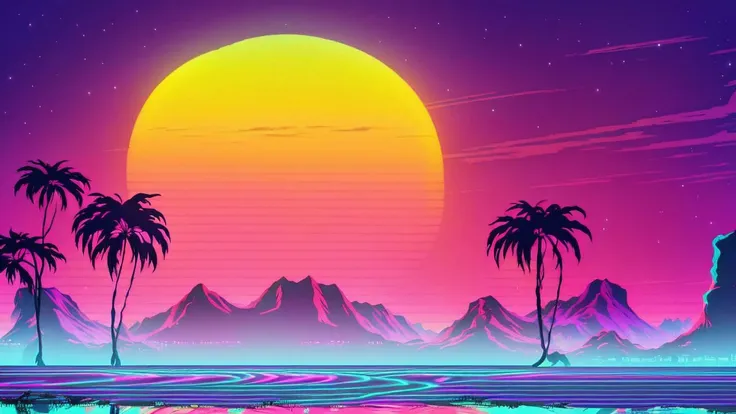 (synthwave:1.2),(neon sun) scanlines,wireframe,mountains,palm tree,vectorized,(retrowave),(vaporwave),purple blue pink black,dark background,(highres),best quality,high quality,(masterpiece),intricate detail,[[raytracing]] <lora:retrowave_0.12:0.7>, neonskiesai,