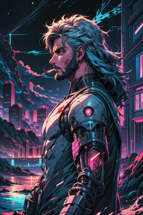 (masterpiece:1.1), (best quality:1.1), (vibrant colors:1.2), BREAK,
(night:1.2), (retro:1.0), (retrowave:1.0), <lora:retrowave_0.12:1.0>, BREAK,
(solo:1.2), (from side:1.3), (head and torso:1.2), (rugged old man:1.2), (beard:1.1), (naked:1.0), (cyborg:1.1), (mechanical limbs:1.1), (mechanical parts:1.1), (biomechanical:1.1), (smoking:1.0), (scars:1.1), (strong:1.1), (covered in blood:1.1), (muscled:1.1), (tired:1.0), (exhausted:1.0),