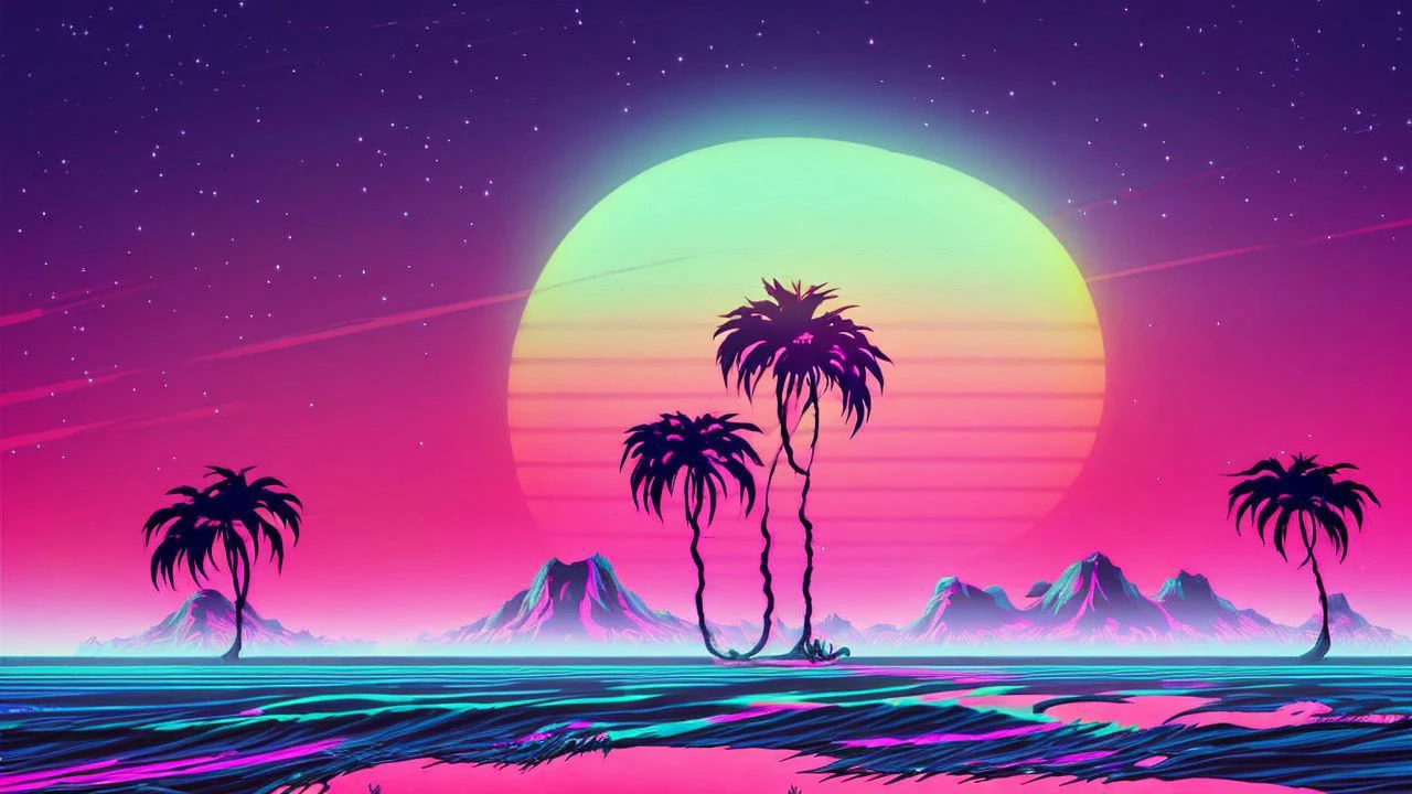 (synthwave:1.2),(neon sun) scanlines,wireframe,mountains,palm tree,vectorized,(retrowave),(vaporwave),purple blue pink black,dark background,(highres),best quality,high quality,(masterpiece),intricate detail,[[raytracing]] <lora:retrowave_0.12:0.7>, neonskiesai,