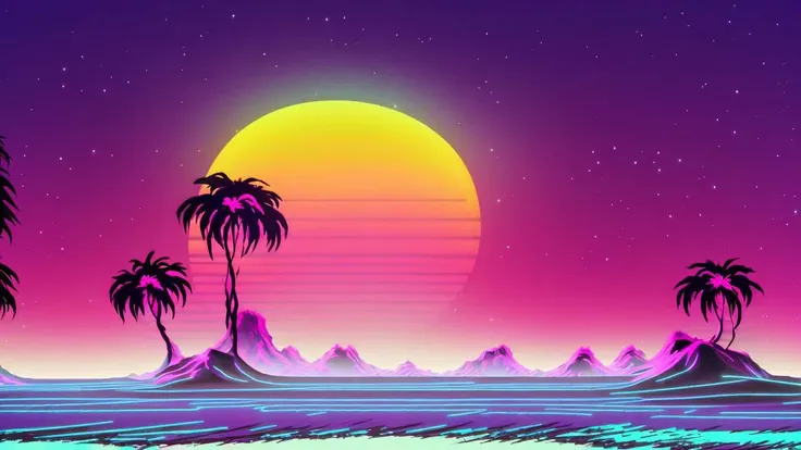 (synthwave:1.2),(neon sun) scanlines,wireframe,mountains,palm tree,vectorized,(retrowave),(vaporwave),purple blue pink black,dark background,(highres),best quality,high quality,(masterpiece),intricate detail,[[raytracing]] <lora:retrowave_0.12:0.7>, neonskiesai,