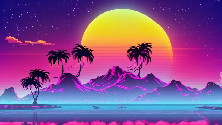 (synthwave:1.2),(neon sun) scanlines,wireframe,mountains,palm tree,vectorized,(retrowave),(vaporwave),purple blue pink black,dark background,(highres),best quality,high quality,(masterpiece),intricate detail,[[raytracing]] <lora:retrowave_0.12:0.7>, neonskiesai,