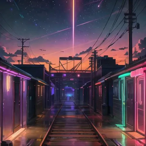 retrowave.railroad tracks, sunset, purple neon lights, (masterpiece,detailed,highres), <lora:retrowave_0.12:0.8>