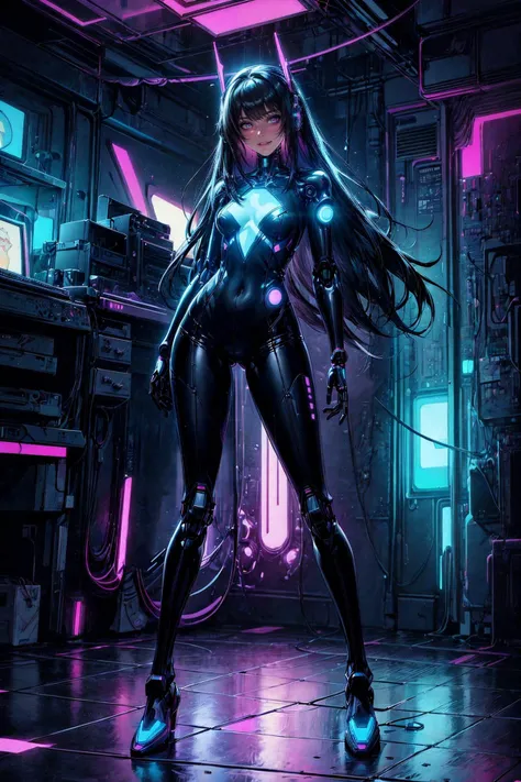 (masterpiece, best quality, detailed, flat colors, neon), (mystery), cyberpunk, (glitch), epic, dated, (solo:1.2), full body, (doll), bodysuit, (mecha), robot parts, cybernetic legs, grinning, sly, legs apart, striking a pose, indoors, retrowave, <lora:retrowave_0.12:0.6>