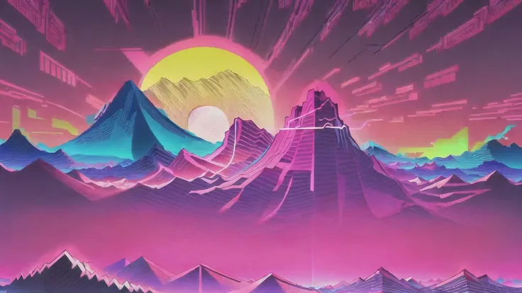 (synthwave:1.2),(neon sun) scanlines,wireframe,mountains,palm tree,vectorized,(retrowave),(vaporwave),purple blue pink black,dark background,(highres),best quality,high quality,(masterpiece),intricate detail,[[raytracing]] <lora:retrowave_0.12:1>,