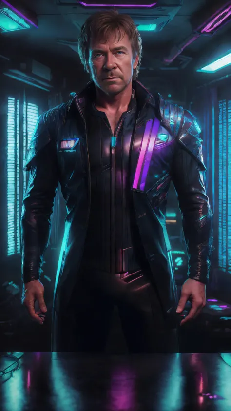 <lora:Render-LowRA:0.6>, retrowave theme,
(((masterpiece))), (((best quality))), ((ultra-detailed)), (cinematic lighting), (sharp details),
(detailed anatomy:1.2), (detailed face and eyes:1.3), (perfect eyes:1.1), (ultra-detailed skin:1.2),
raytracing, shallow depth of field, neon lighting,
messy room, sun rays, (wires and cables:1.1),
<lora:Style-Retrowave:1> photo of (Chuck Norris), (wearing futuristic clothes:1.2), looking at viewer