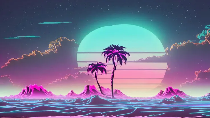 (synthwave:1.2),(neon sun) scanlines,wireframe,mountains,palm tree,vectorized,(retrowave),(vaporwave),purple blue pink black,dark background,(highres),best quality,high quality,(masterpiece),intricate detail,[[raytracing]] <lora:retrowave_0.12:0.7>, neonskiesai,