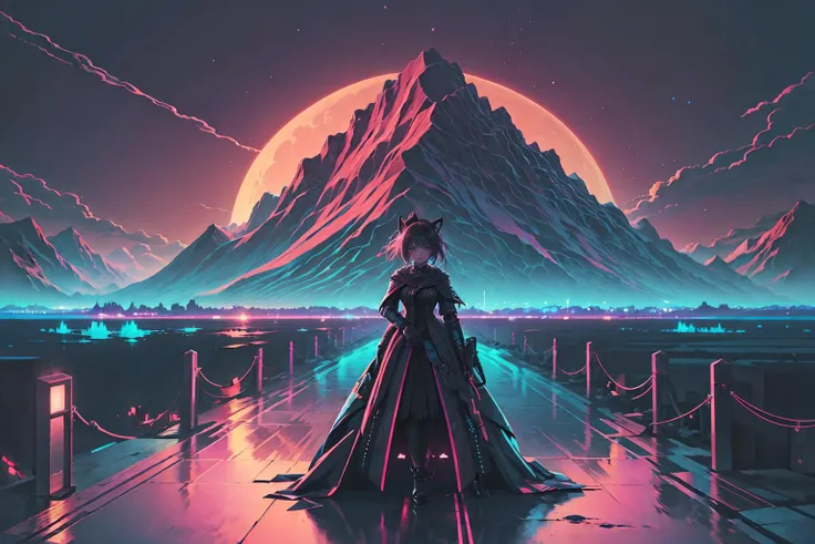 1girl, retrowave. city, road, purple neon lights, sun, mountain, (masterpiece,detailed,highres),