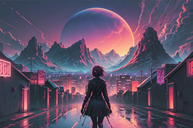 1girl, retrowave. city, road, purple neon lights, sun, mountain, (masterpiece,detailed,highres),