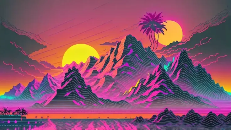 mountains,palm trees and sun,vectorized,synthwave,purple pink black,bright neon colors on a dark background, retrowave,  <lora:retrowave_0.12:1>